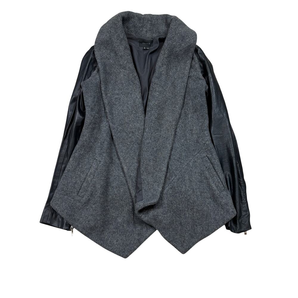 Theory Laura Lamb Leather Sleeve Wool Cashmere Open Cardigan Jacket Women's XS P